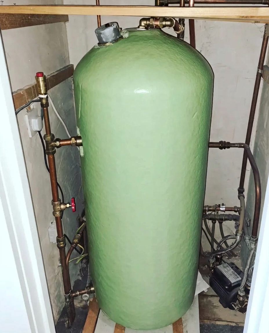 Cylinder upgrade with an insulated hot water cylinder, copper pipework and valves in a press