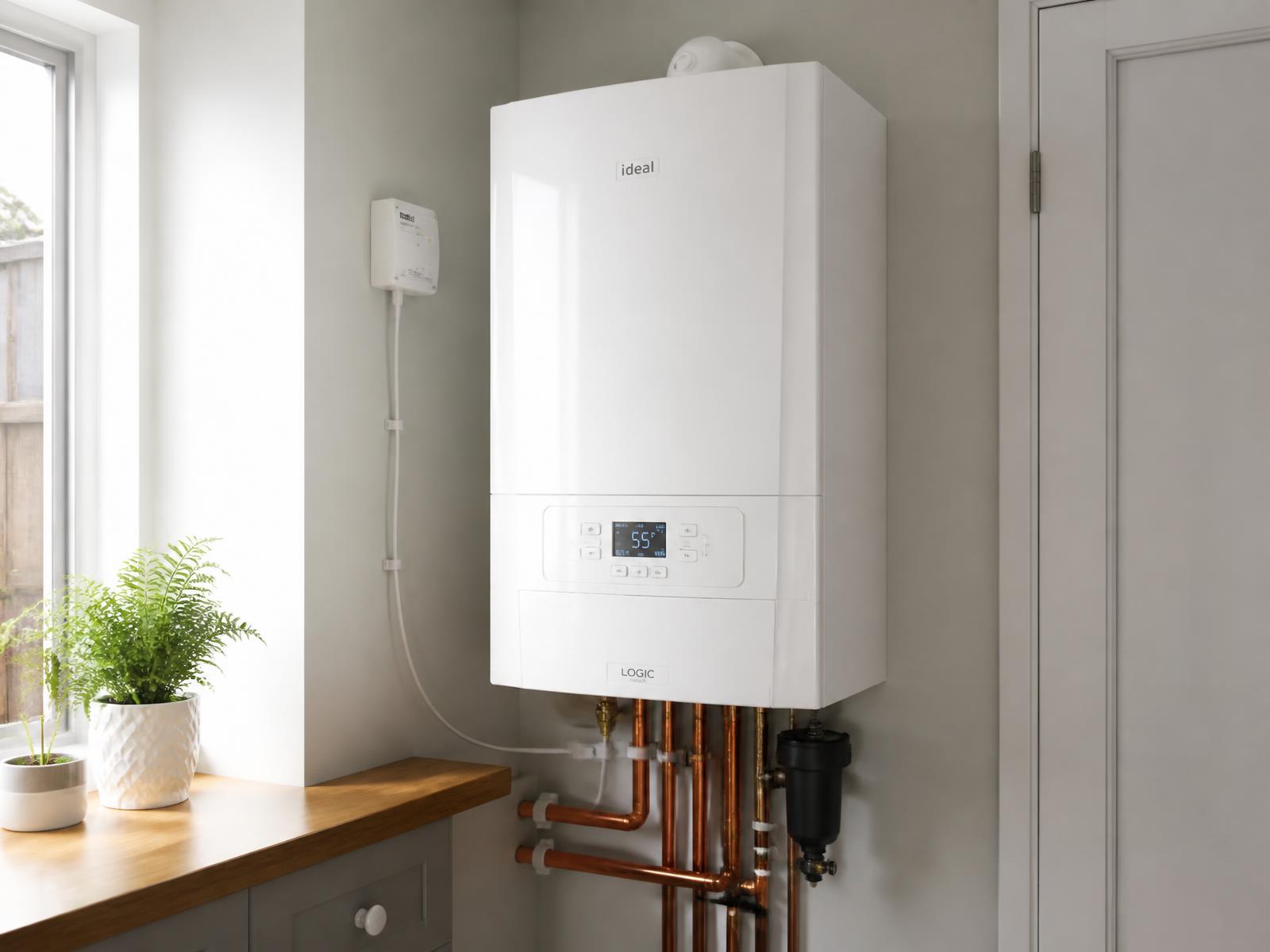 Gas boiler installation with a wall mounted combi boiler and tidy copper pipe runs