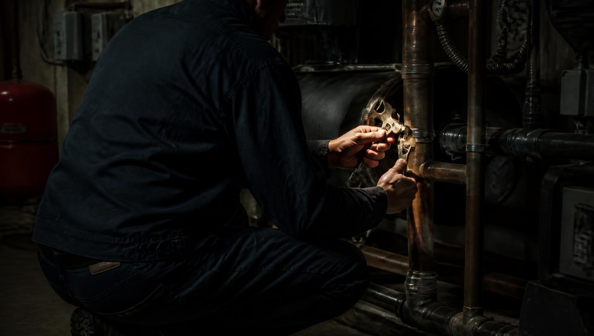 Plumber and gas engineer working on heating pipework in a plant room