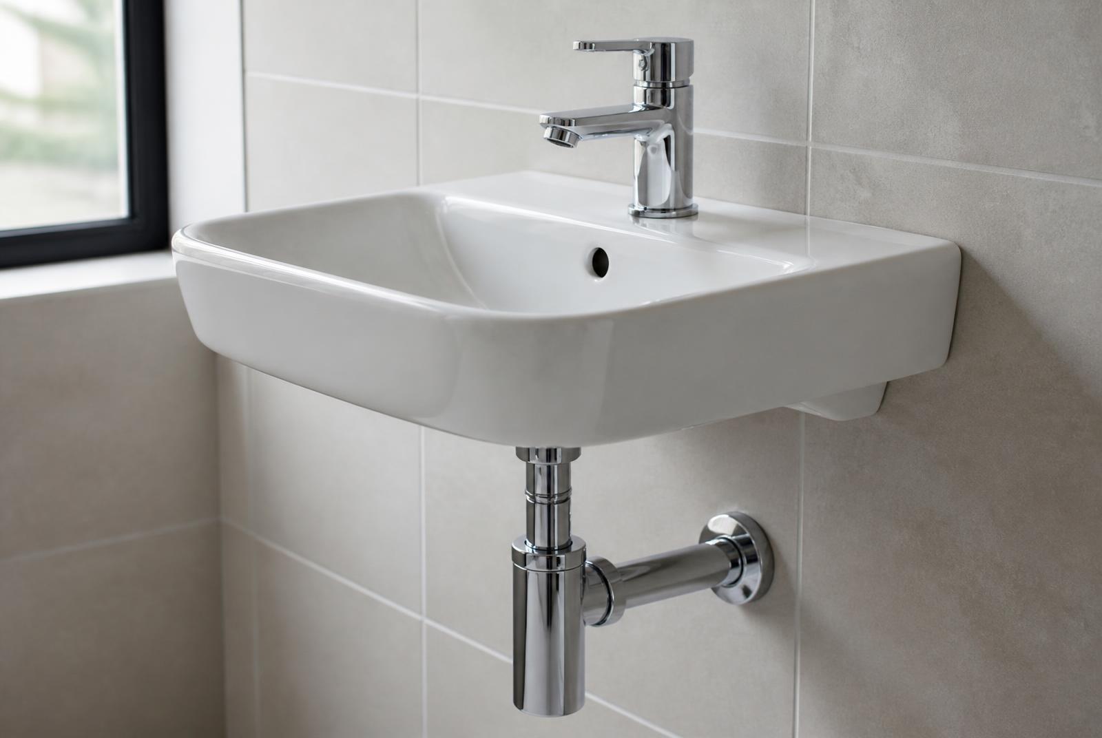 Wall hung ceramic basin with a chrome mixer tap and chrome bottle trap in a tiled bathroom