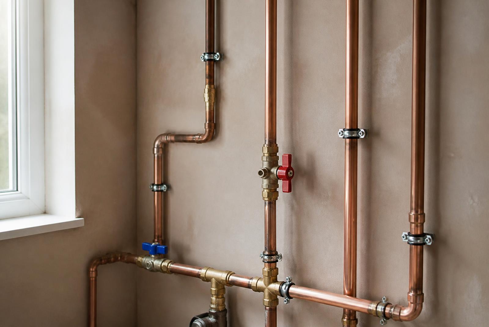 Neatly clipped copper pipework with brass fittings and colour coded isolating valves on a utility room wall