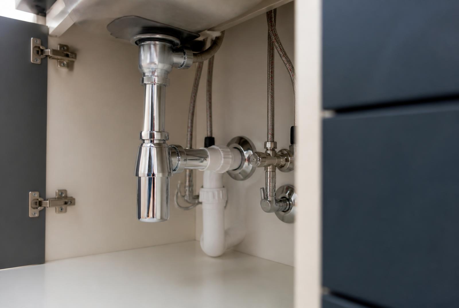 Chrome bottle trap, waste pipe, flexible tap tails and isolating valves beneath a modern kitchen sink