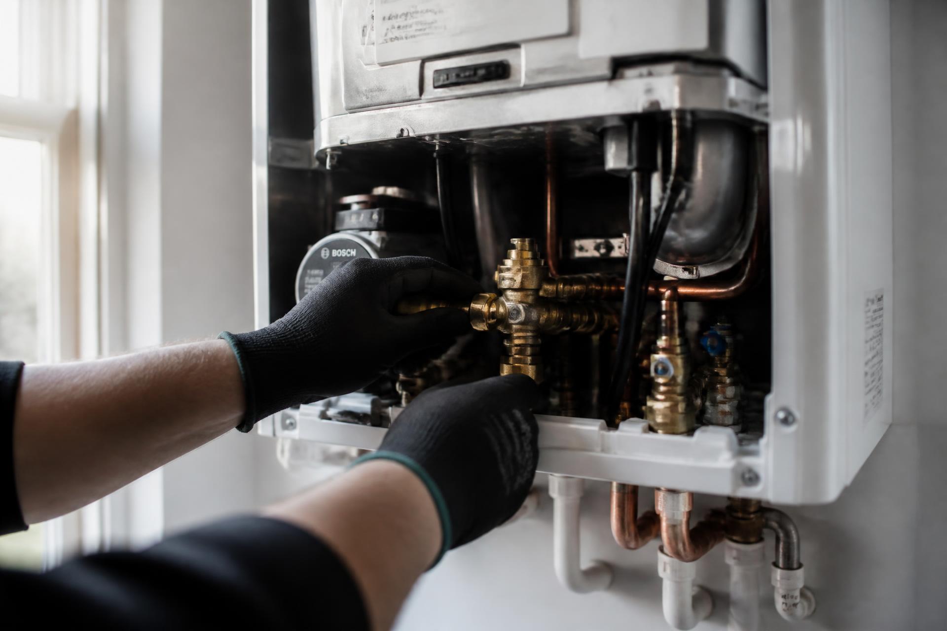 Gas engineer working on the internal pipework of a modern gas boiler